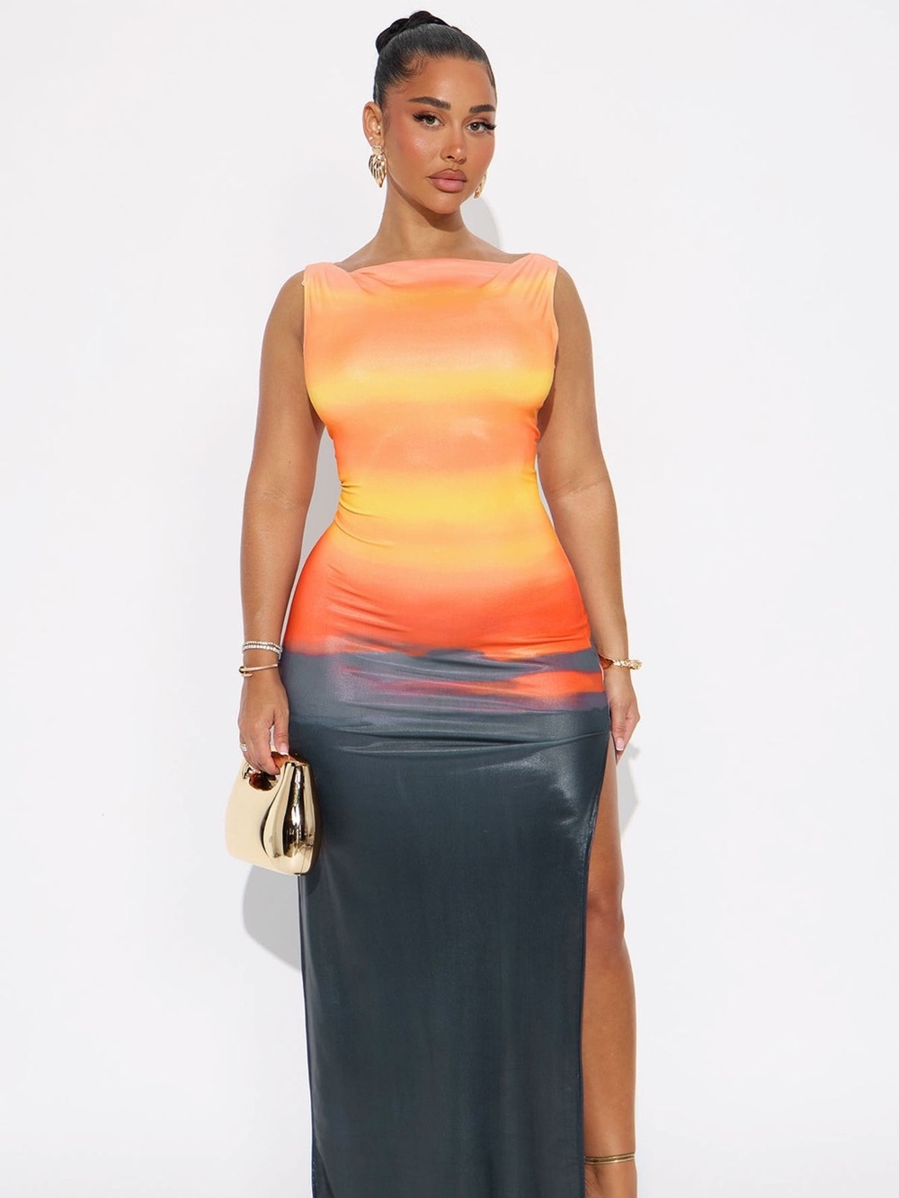 Fashion Nova Orange to Dark Teal Ombre Maxi Dress